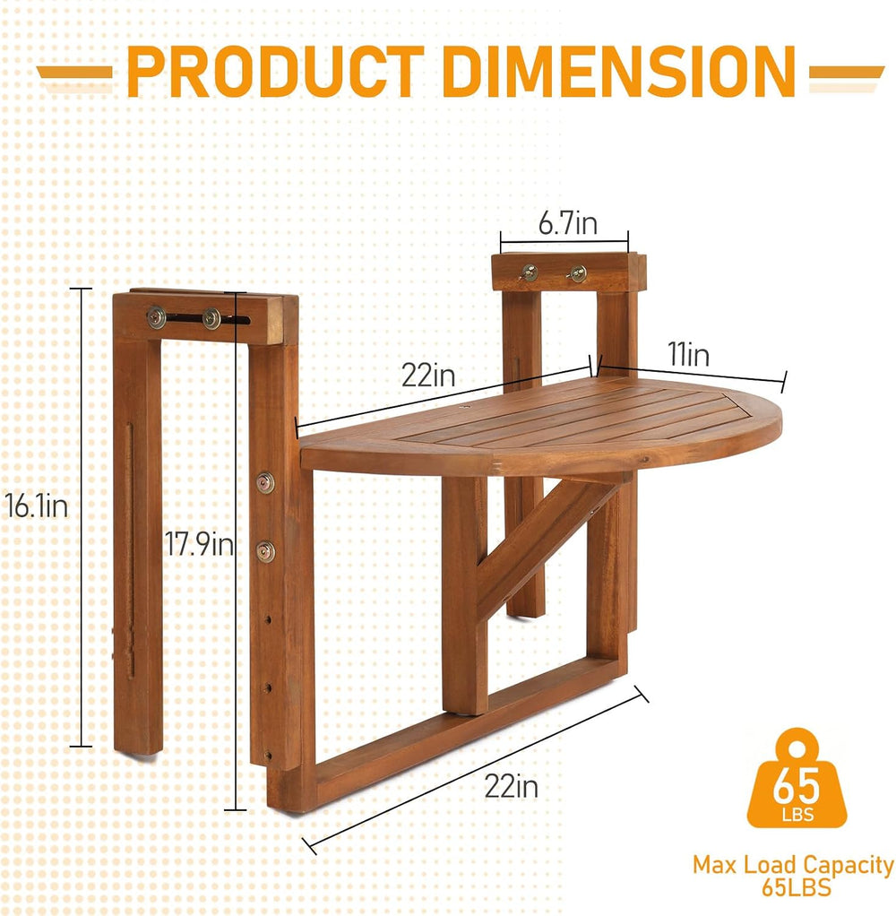 Outvita Acacia Wood Folding Balcony Bar Table, Semicircular