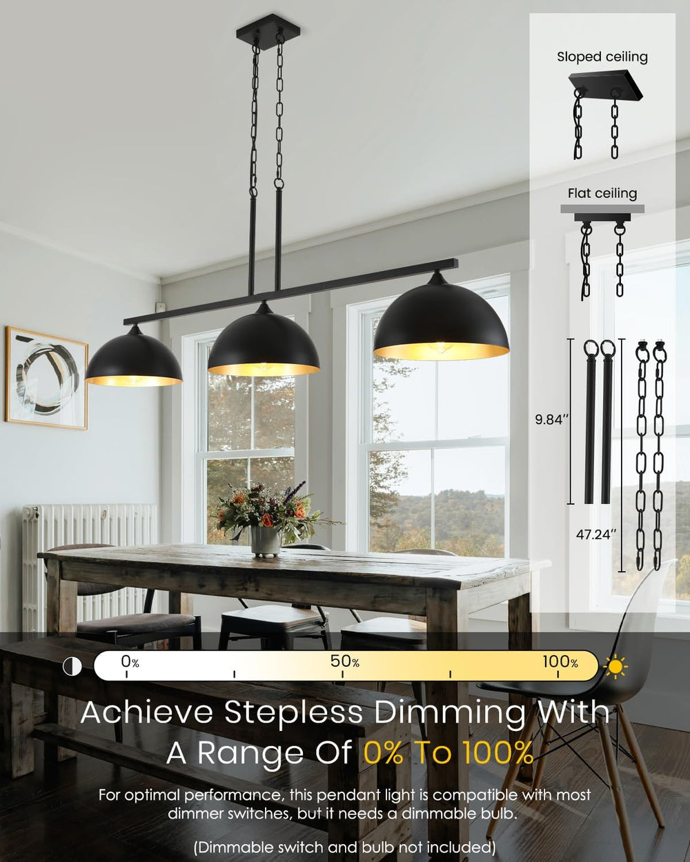 3-Light Island Light for Kitchen, Farmhouse Industrial Dining Room Light Fixt...