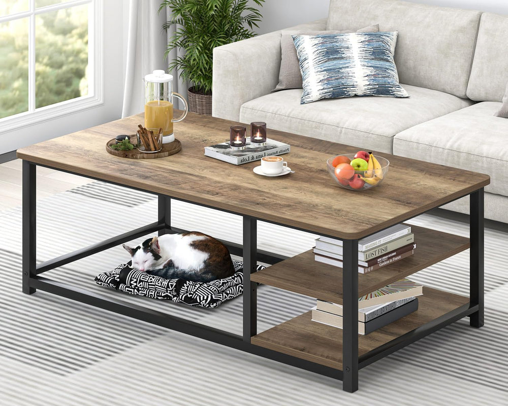 EXCEFUR Coffee Table with Storage Shelf, Modern Wood and Metal Center Table f...