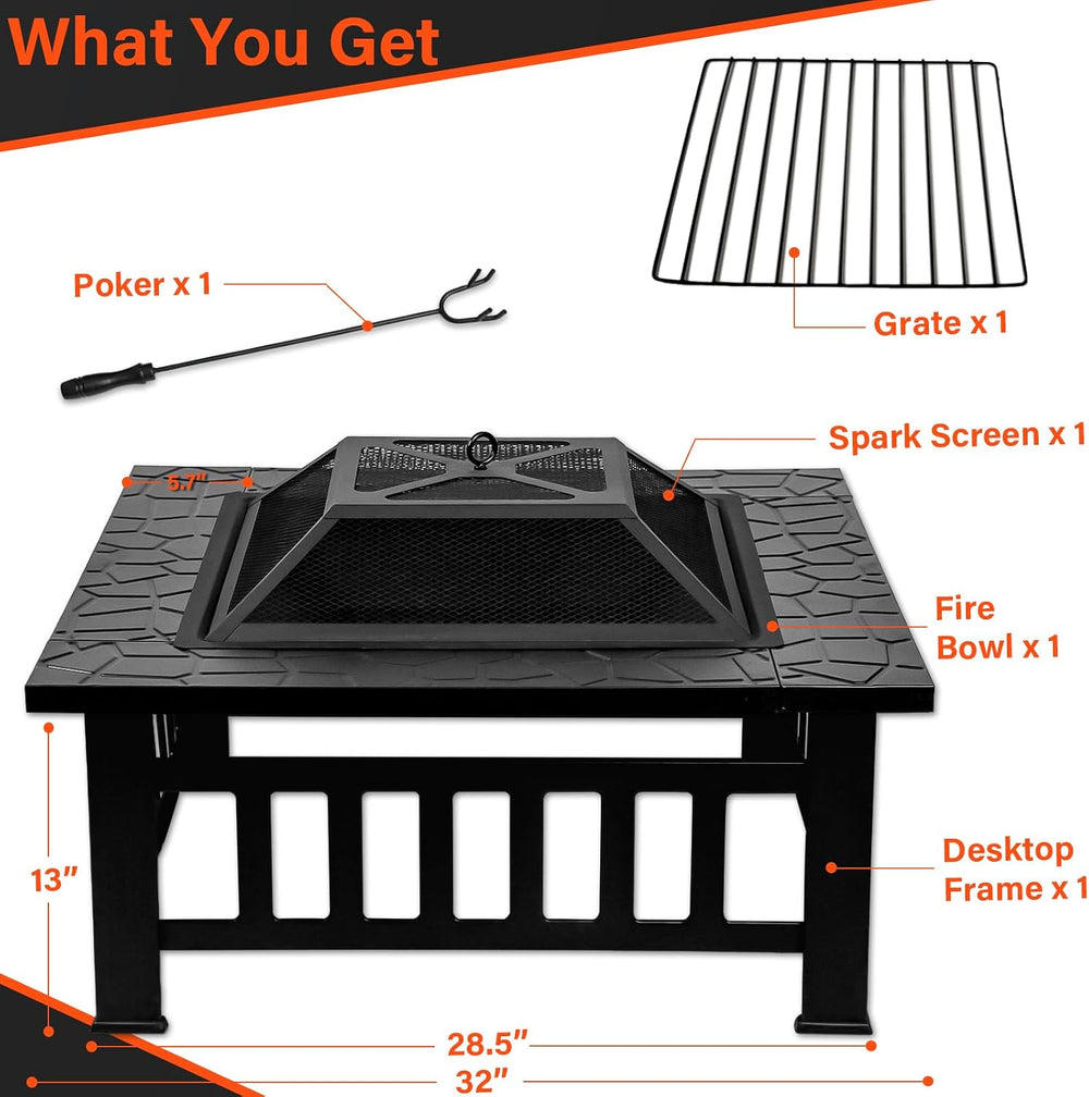 32 Inch Fire Pit Table with Fire Poker & Spark Screen, Outdoor Burning Fi...