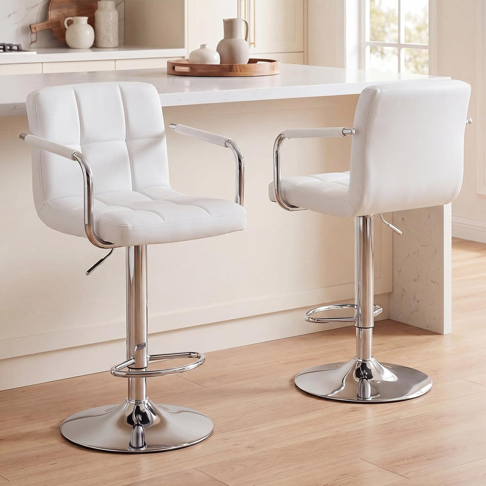 Bar Stools Set of 2, 24-26'' Adjustable Swivel Bar Chairs, White