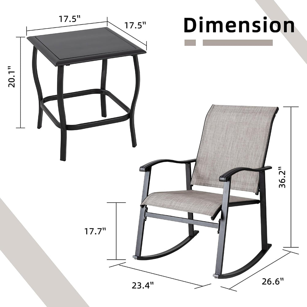 Vongrasig 3 Piece Outdoor Rocking Bistro Set, Textilene Fabric Small Patio Fu...