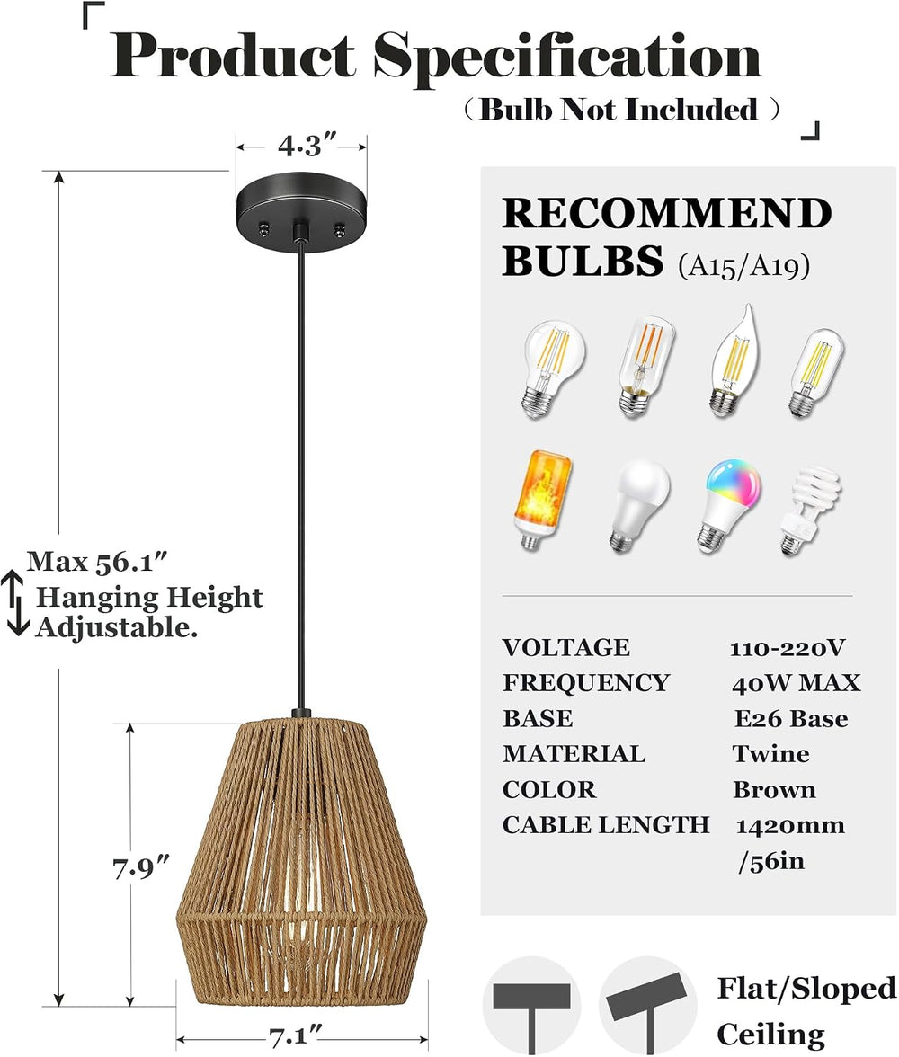 ELYONA 3 Pack Japandi Woven Pendant Lights 7” Modern Boho Hanging Lamp with H...