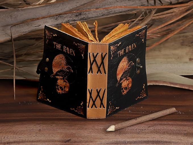 Leather Gothic Journal Magical Raven Skull Spiral Notebook Mystery Crow Journ...