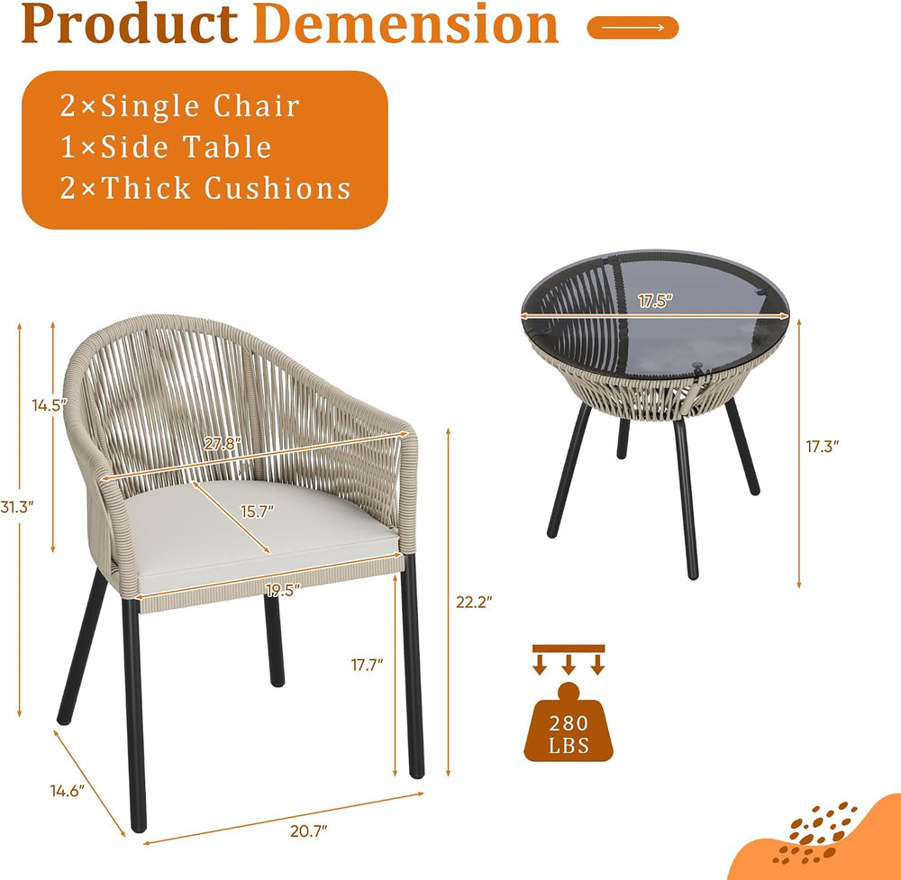 Devoko Patio Furniture Set 3 Pieces Rope Woven Bistro Set Outdoor Conversatio...