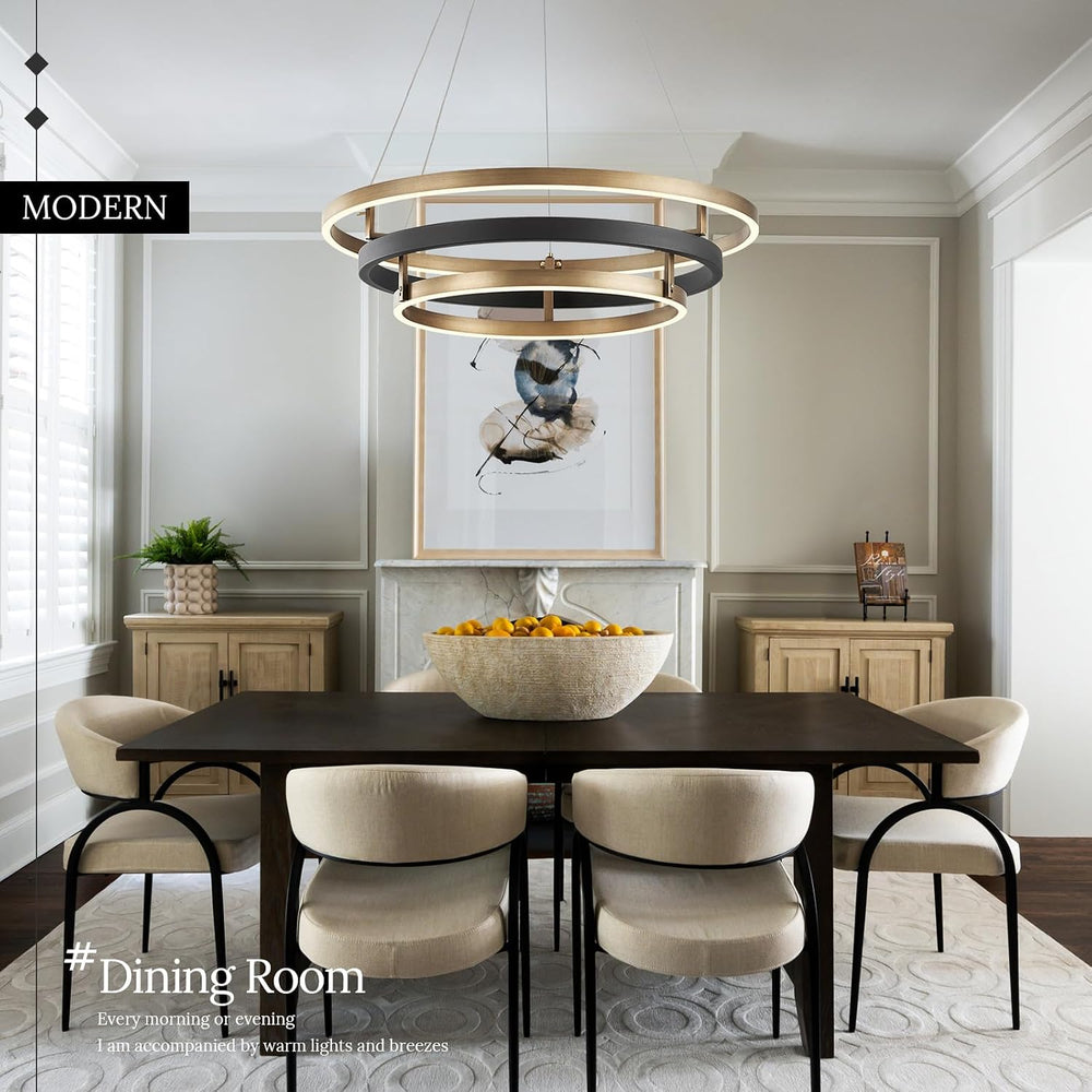 3 Ring LED Chandelier Modern Chandeliers Black Gold Brass Dimmable 24''