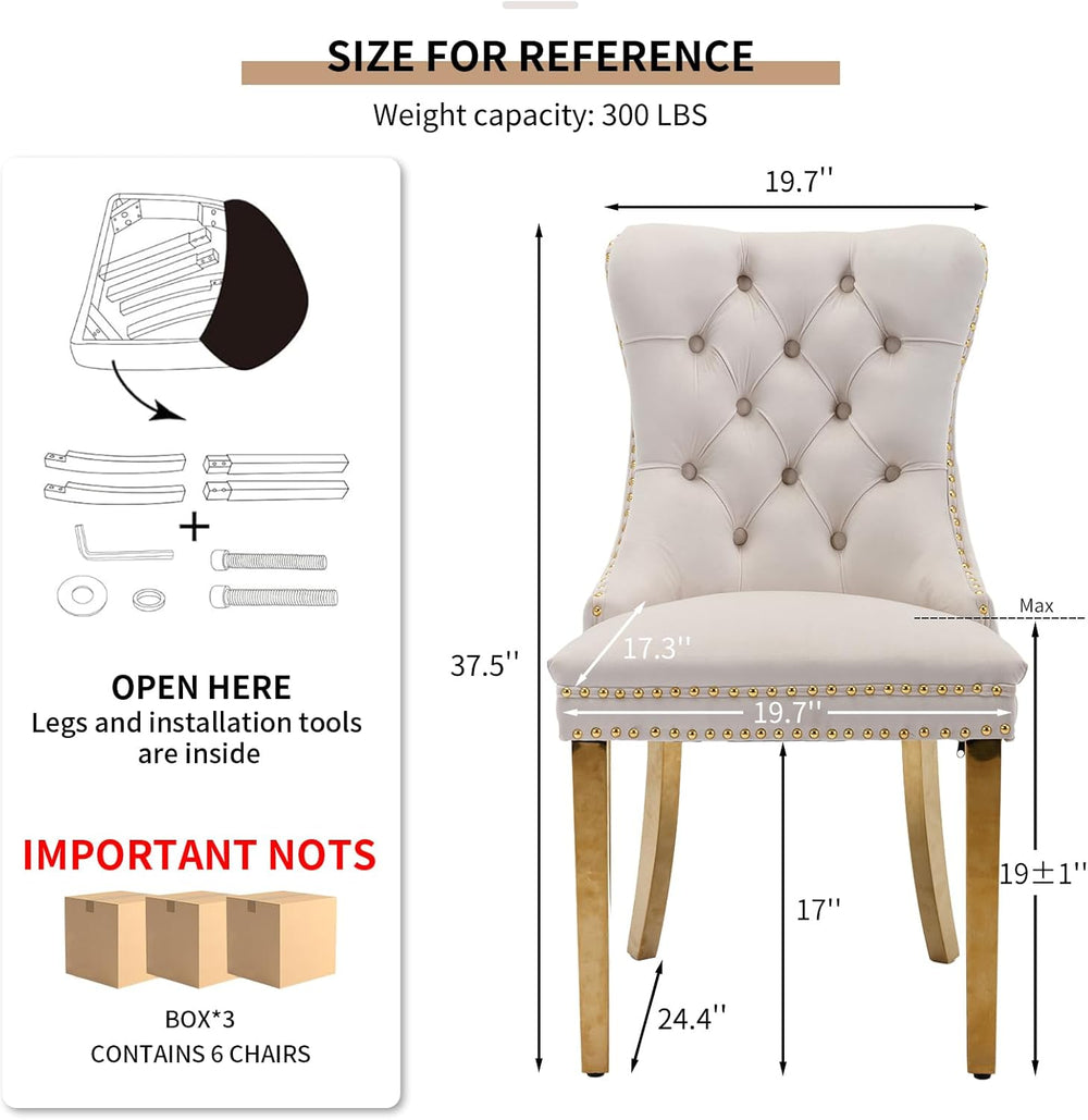 Mid Century Modern Dining Chairs Set of 6, Beige Velvet Upholstered Tufted Ba...