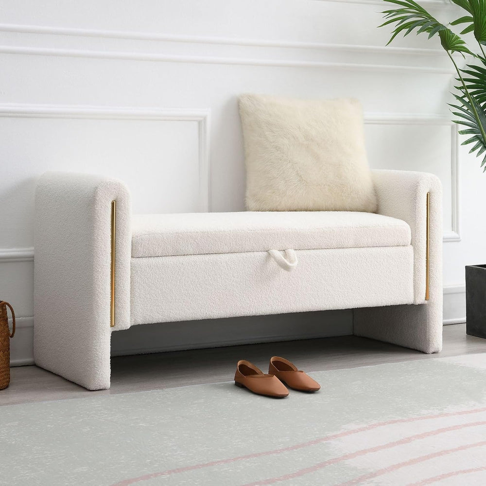 52" Upholstered Storage Bench, White, Armrests, Wood Frame