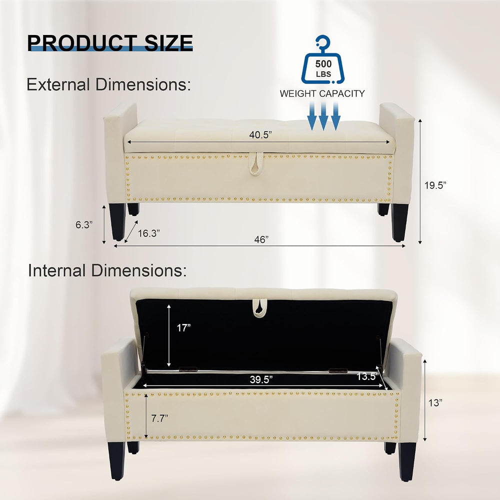 Storage Ottoman Bench, Velvet Upholstered Footstool, Beige