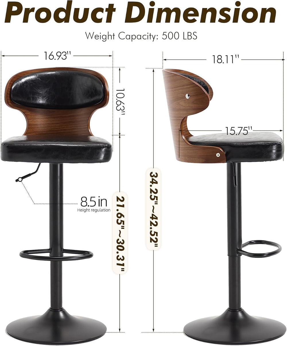 Bar Stool, 360° Swivel Barstools with Solid Wood Back and Footrest, Leather A...
