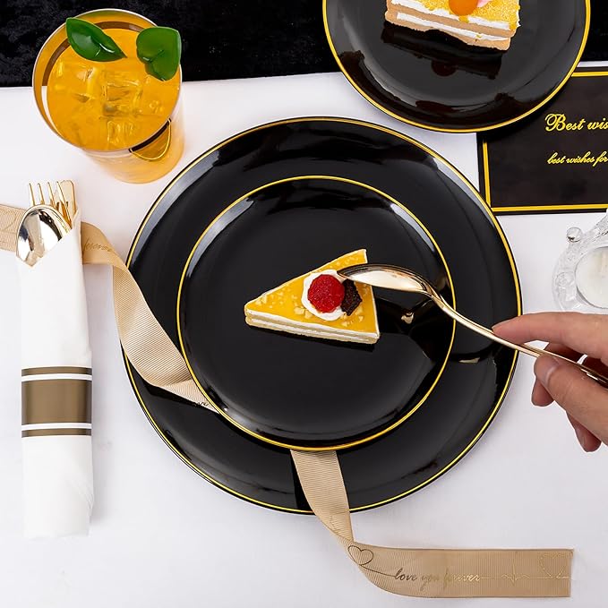 KIRE 350 PCS Plastic Dinnerware Set for 50 Guests - Black and Gold Plates 50 ...