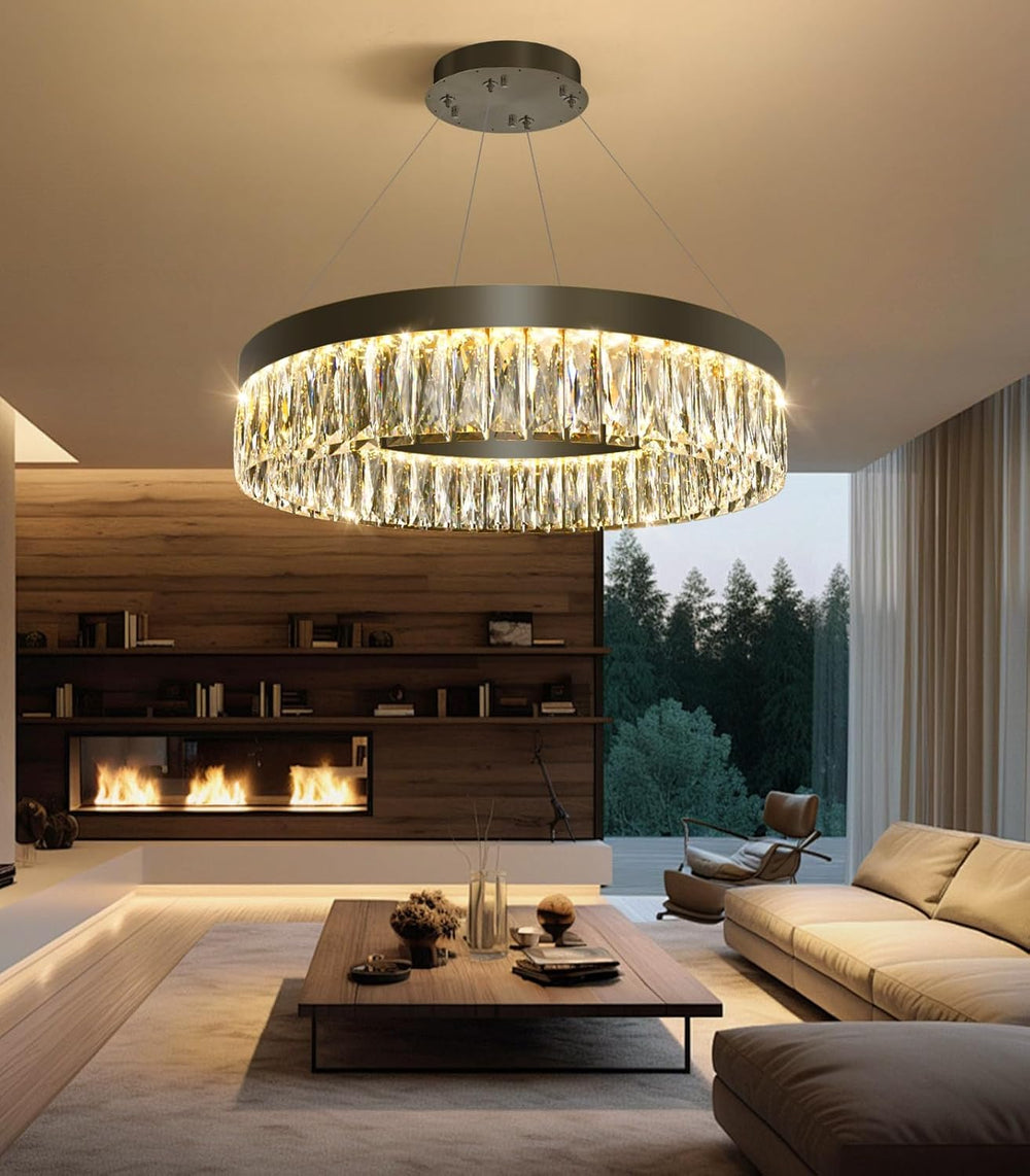 23.6" 1 Ring Modern LED Dimmable Ring Chandelier Adjustable Round Crysta...