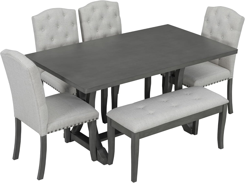 Merax 6-Piece Farmhouse Dining Table Set with Bench and Upholstered Chairs, R...