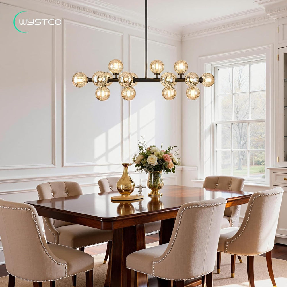 16-Light Glass Globe Sputnik Chandelier, Linear Dining Room Light Fixture Ove...