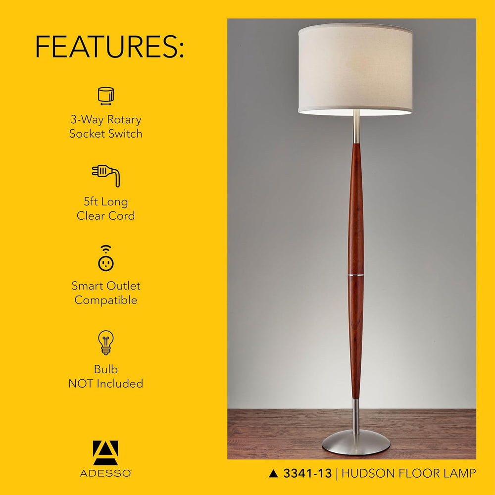 Adesso Floor Lamp, Maple Wood & Satin Steel, Adjustable Brightness, 61”