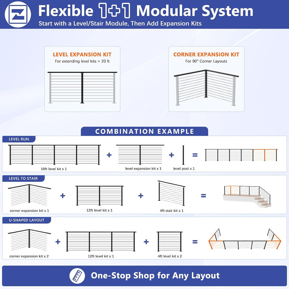 2ft-4ft Modular 42in Cable Railing System for Stair with Handrail