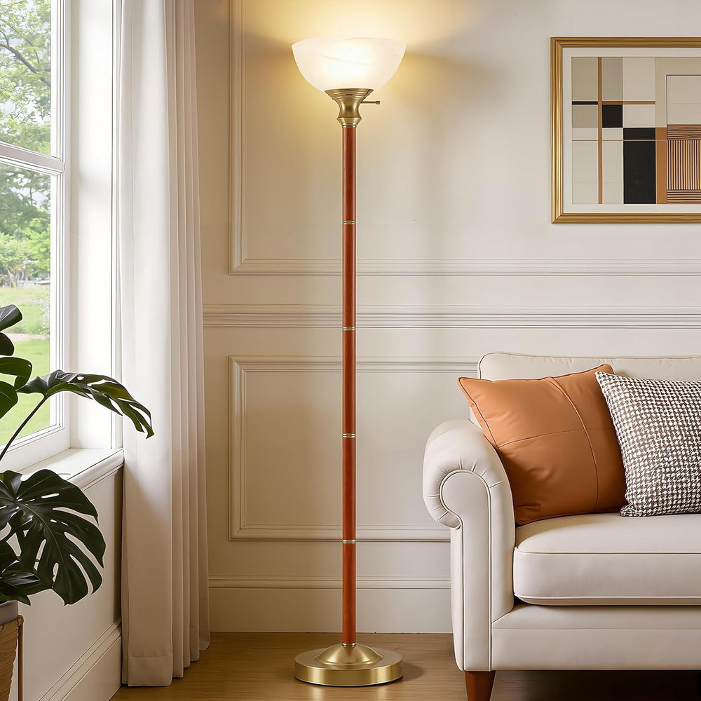 EJIAXIN 72" Wood Torchiere Floor Lamp with Glass Shade Gold Standing Lamp