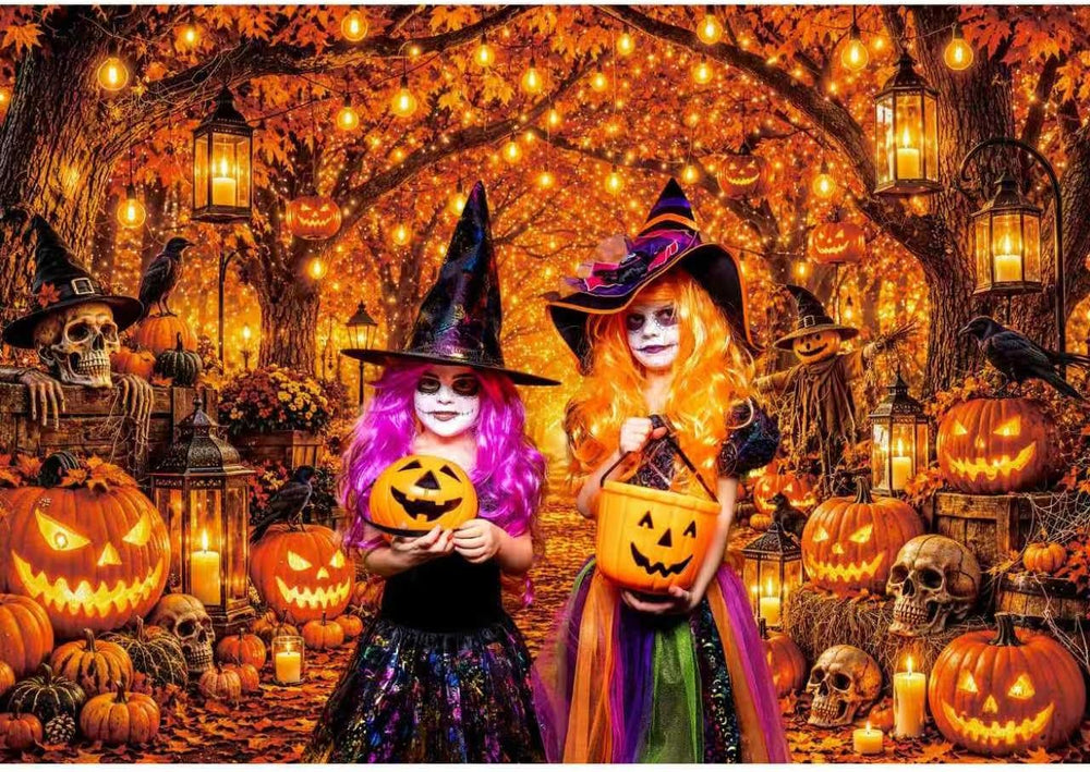 Halloween Backdrop - Pumpkings Lantern Skull Bats Autumn Forest Photography B...