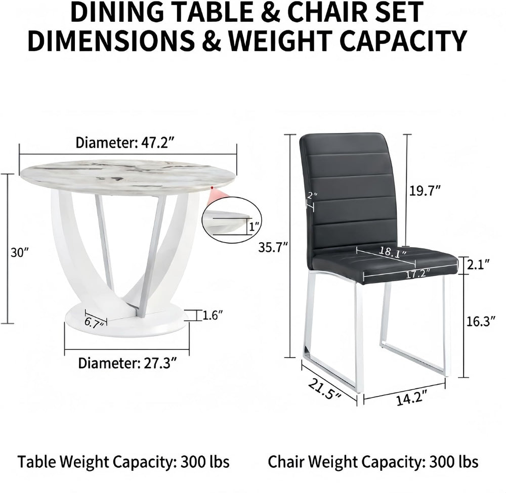 Modern 5 Piece Round Dining Table Set for 4, 47.2" White Faux Marble Kit...