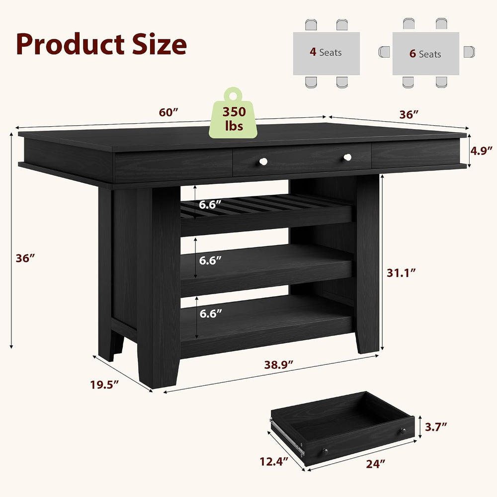 Garvee Rectangular Large Counter Height Dining Table with Storage for 4-6