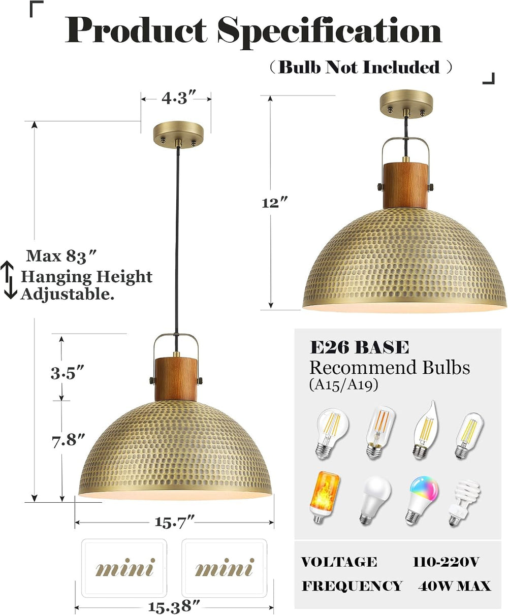 ELYONA 2 Pack Large Hammered Pendant Light Fixtures, 16 Inch Ash Wood Vintage...