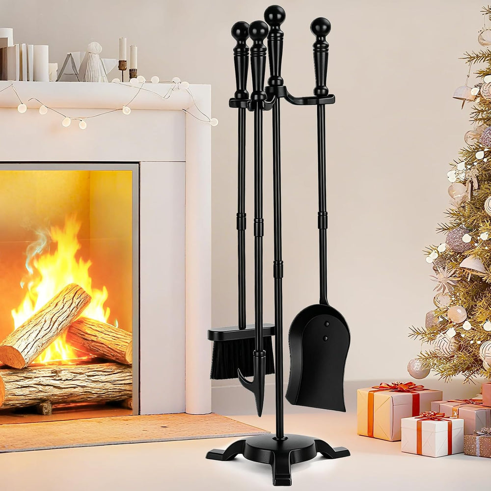 FEED GARDEN 4-Piece Fireplace Tool Set with Stand, 30In Wrought Iron, Black