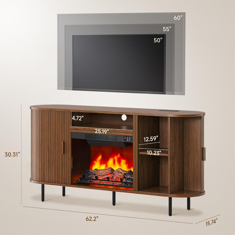ComfyCorner 63" Fluted Fireplace TV Stand with Sliding Doors & Power...