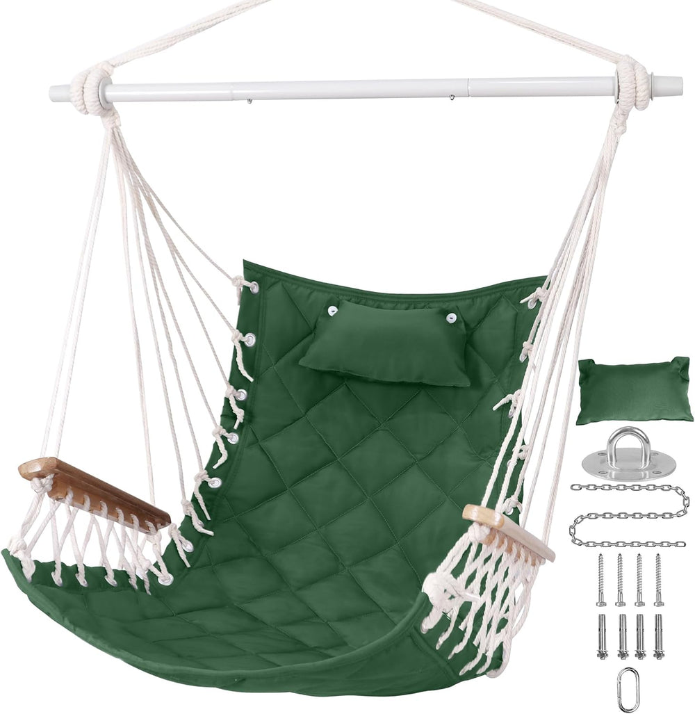 Hammock Chair Hanging Swing with Wooden Armrest Indoor, Green