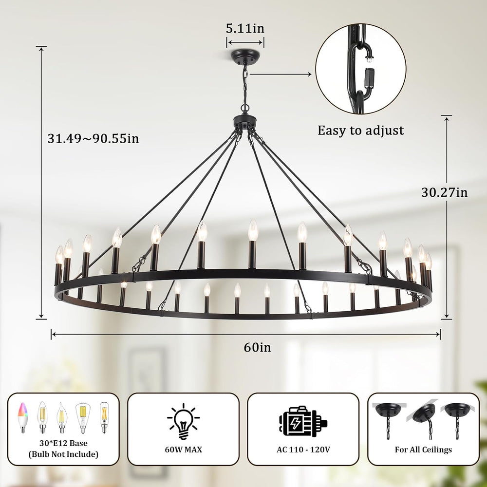 30 Lights Black Extra Large Wagon Wheel Chandelier, 60 Inch Farmhouse Industr...