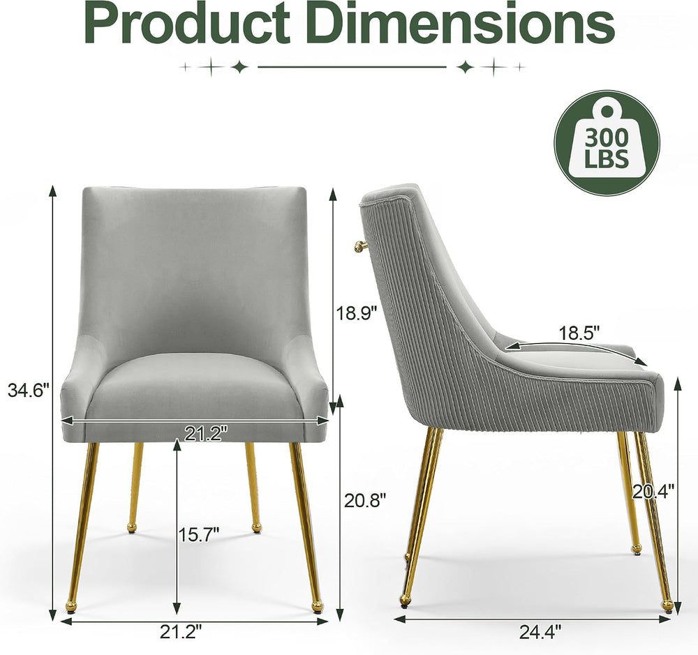 Upholstered Modern Grey Velvet Dining Chairs Set of 4 with Gold Metal Legs