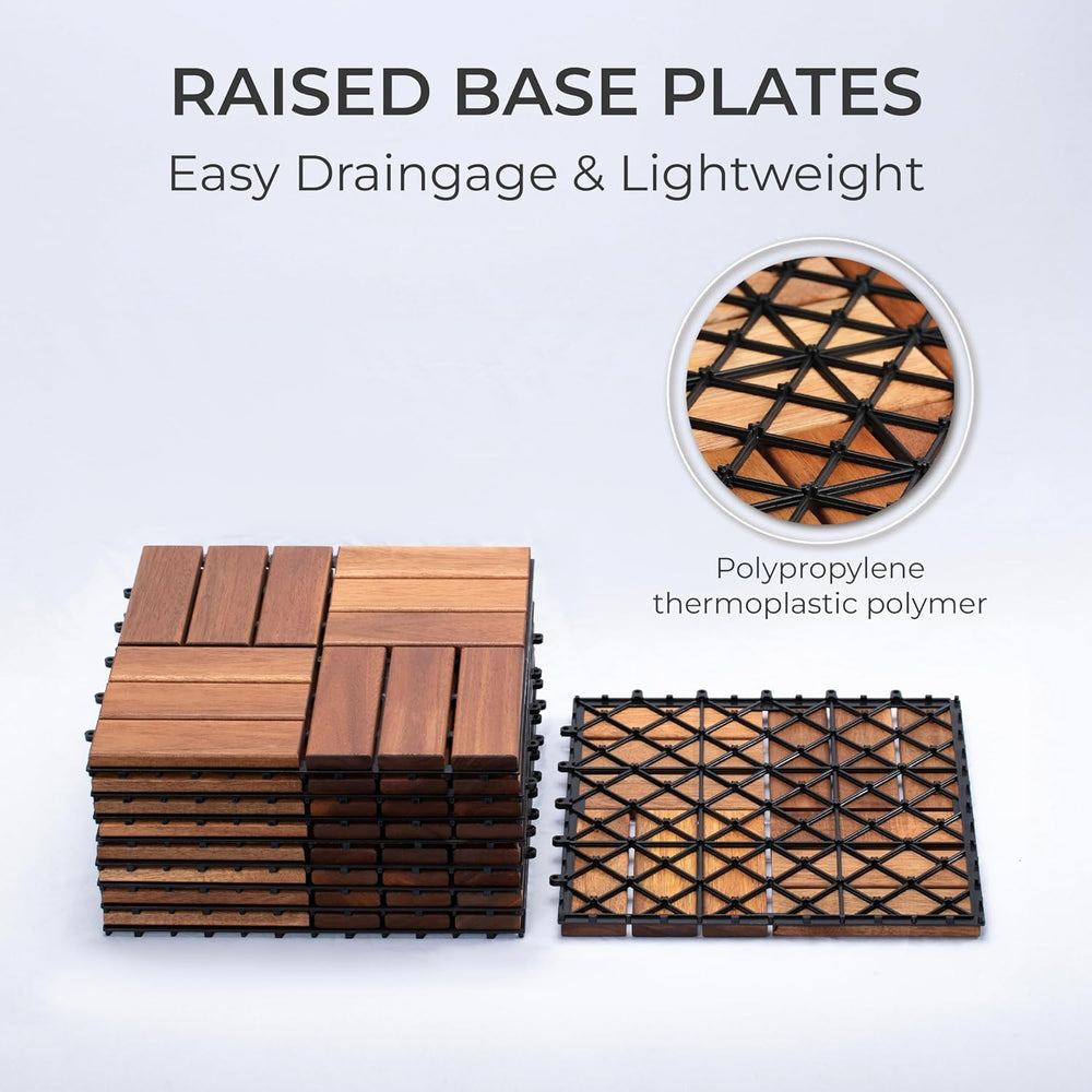 Set of 9 Deck Tiles for Balcony, Poolside, Outdoor Area - Solid Acacia Waterp...