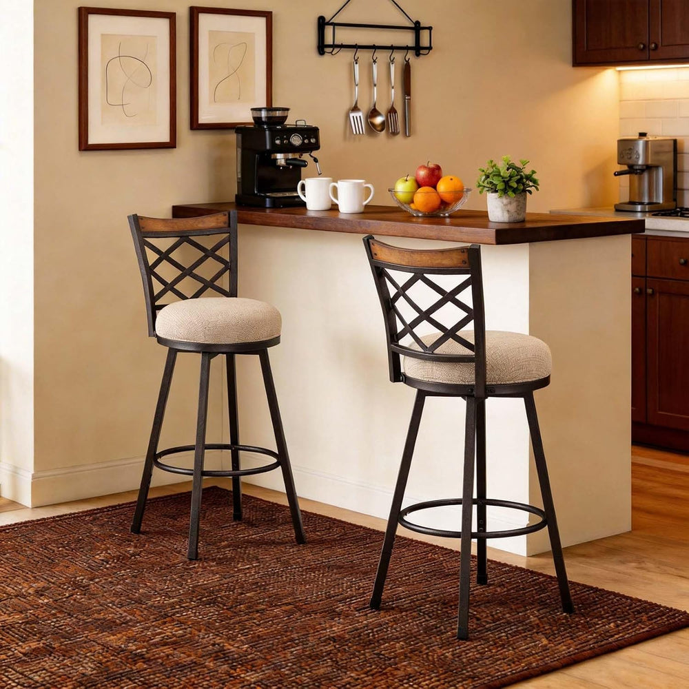 KORZEY Swivel Bar Stools Set of 2, 25/30 Inch Adjustable Beige Fabric Bar Cha...
