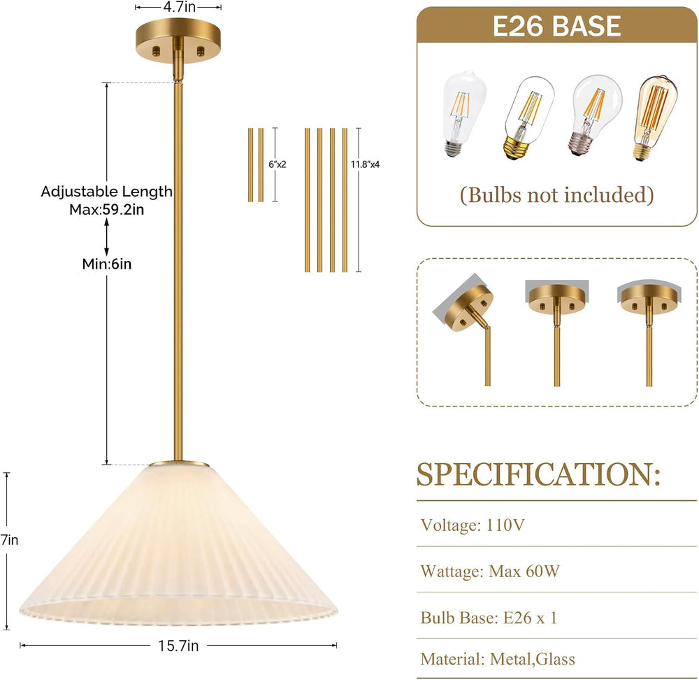 15.7 Inch Modern Pendant Lights, Ribbed Milk Glass 1-Light Single Pendant Lig...