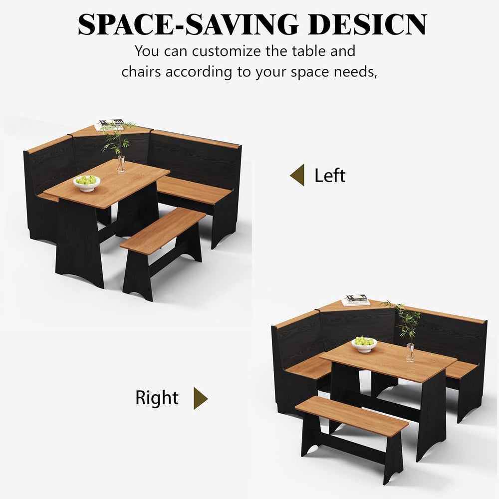 Farmhouse Breakfast Nook Table Set with Corner Bench (Black + Natural)