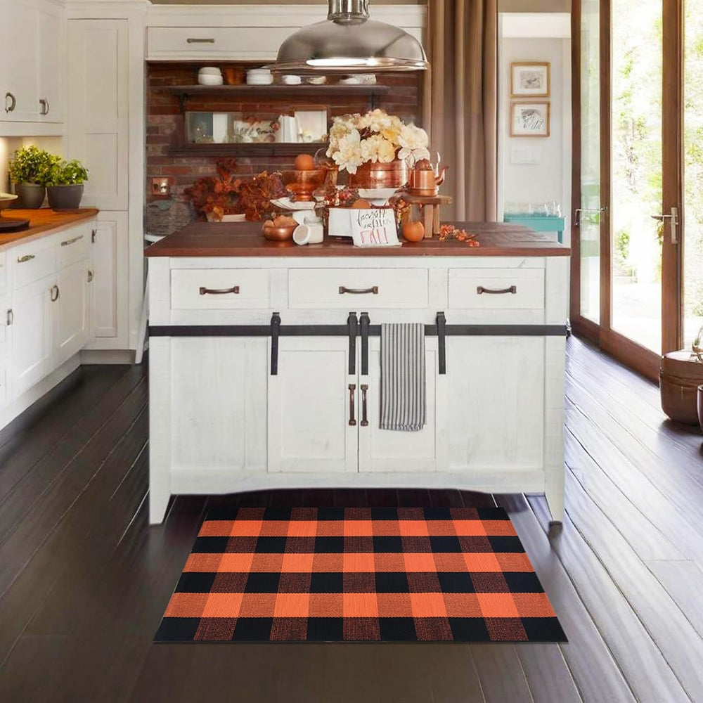 Fall Door Mat Orange and Black Plaid Rugs, 3'x5' Area Rug Outdoor Ind...