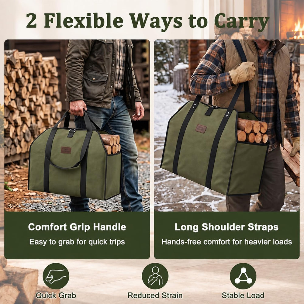 FEED GARDEN Extra Large Firewood Carrier, Waxed Canvas Log Carrier, Green