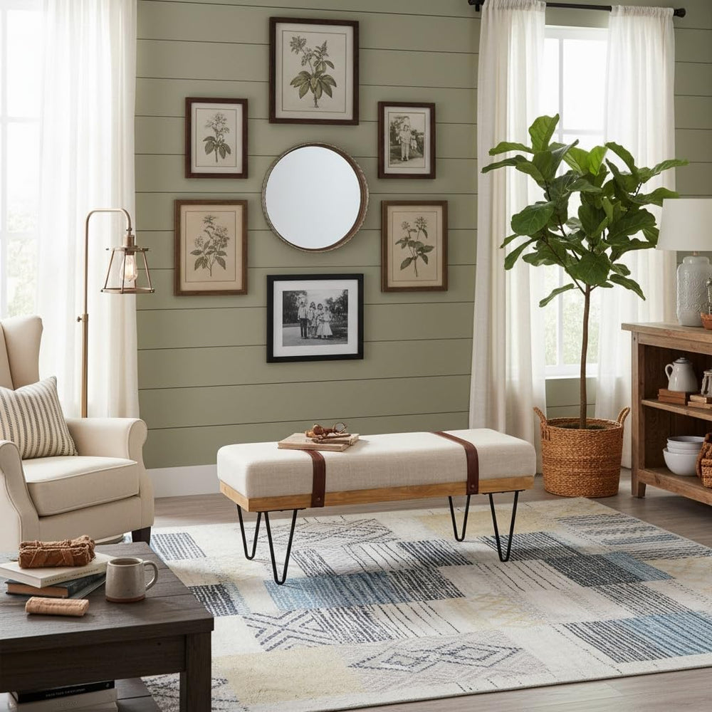 DUOMAY Industrial Modern Linen Rectangle Ottoman Bench, Beige