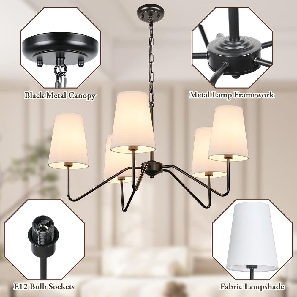 5-Light Black 30” Modern Chandelier with White Shades for Dining Room