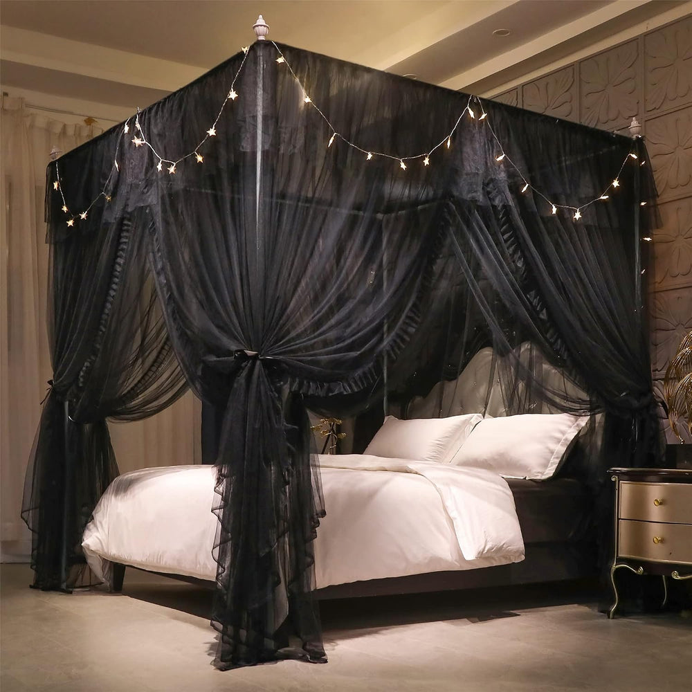 VETHIN 4 Corners Post Ruffle Princess Bed Canopy Curtain-Double Layer Cozy Dr...