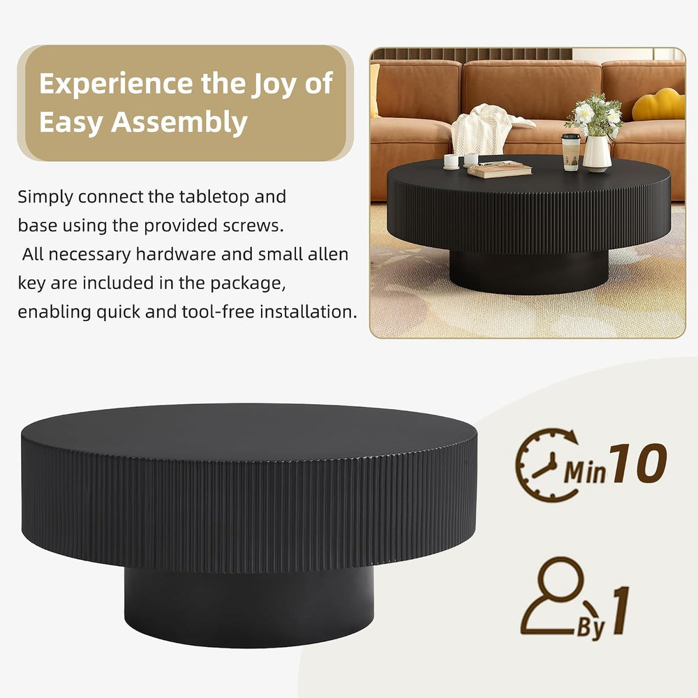 LUMISOL Modern Fluted Coffee Table with 6.8" Thick Tabletop, Black