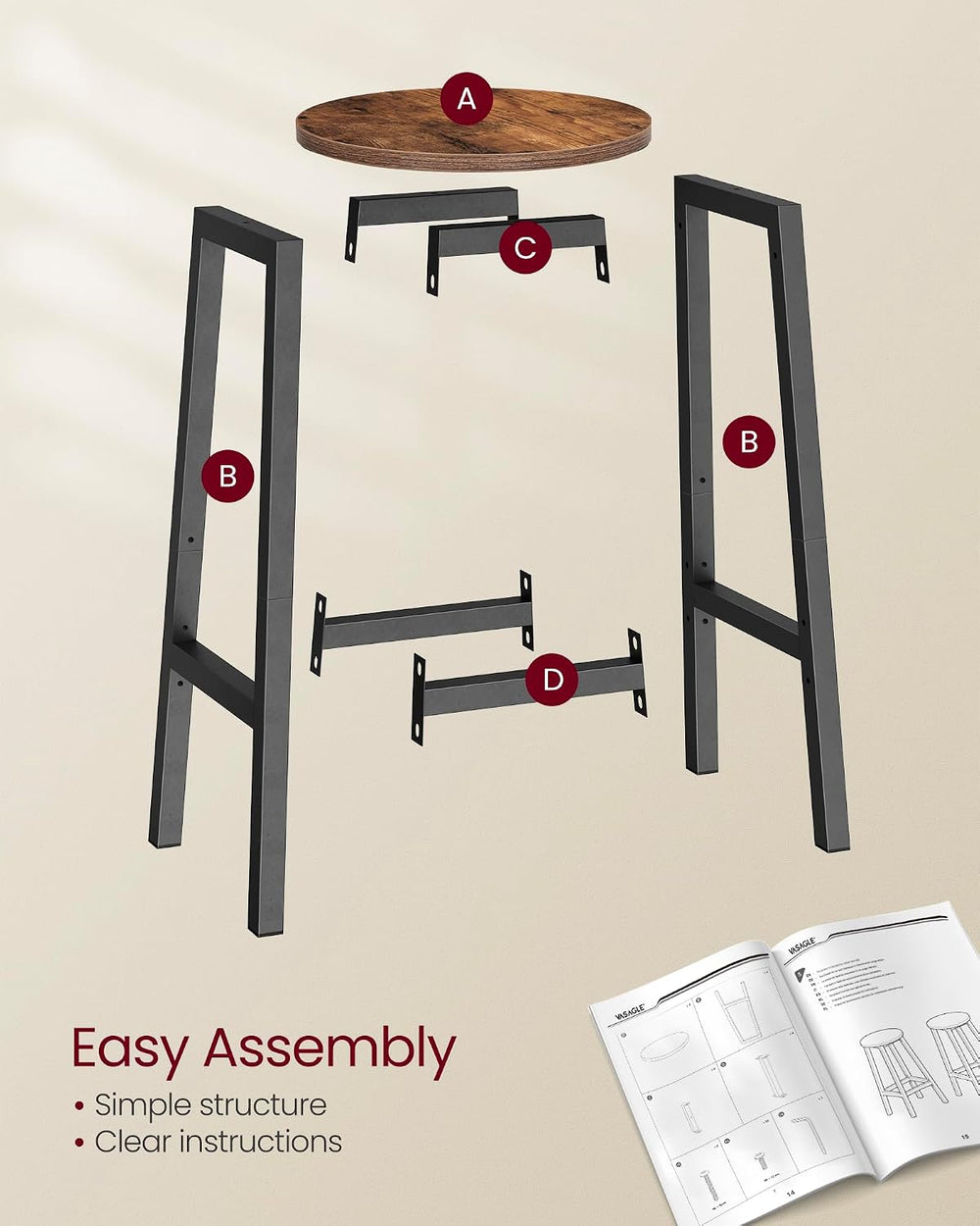 VASAGLE Bar Stools Set of 2 with Round Seat, Modern Basic Style