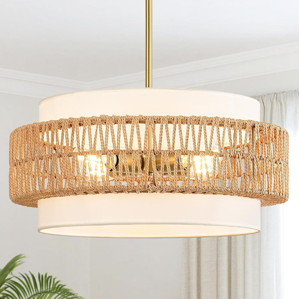 19.7" Rattan Chandelier for Dining Room, 4-Light Boho Pendant Hanging Light