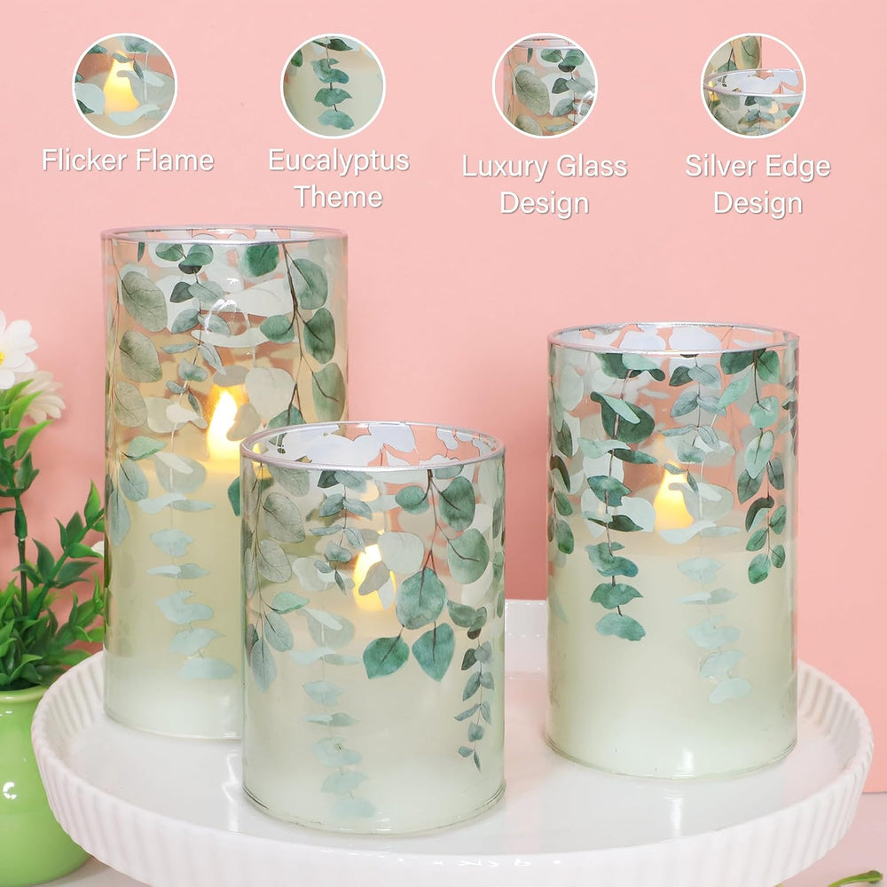 Green Glass Flameless Candles Remote Timer Eucalyptus Leaves Greenery Design ...