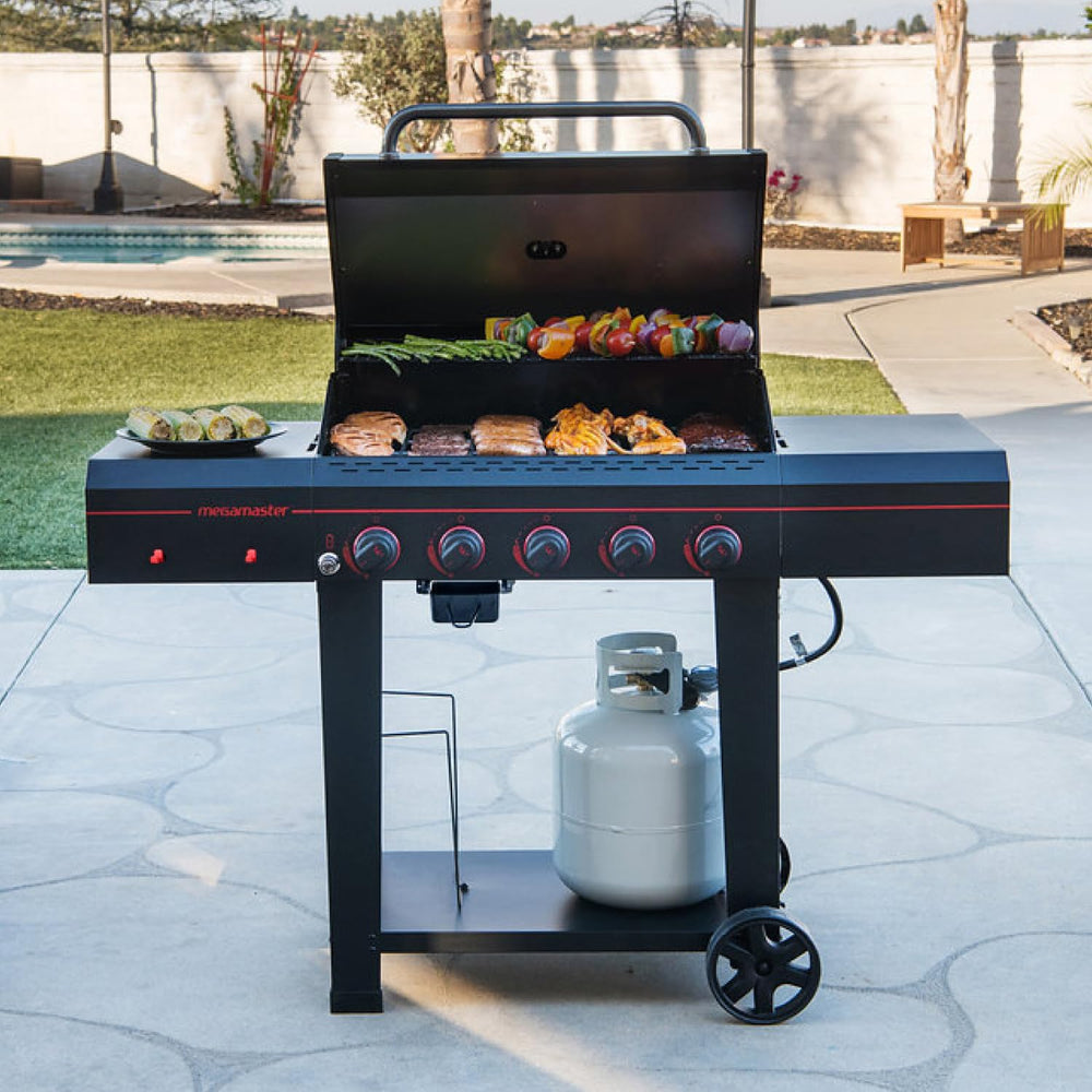 Megamaster Cart 5 Burner Gas Grill, Side Tables with Accessory Hooks, Black