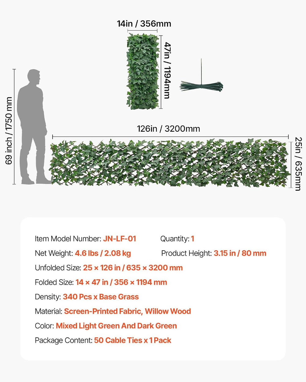 VEVOR Expandable Fence Privacy Screen, 25 x 126 in Expand Artificial Plant Wa...