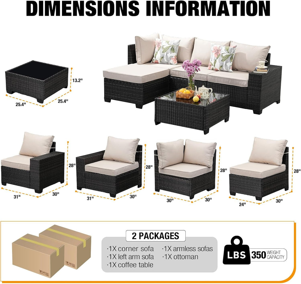 5-Piece Outdoor Patio Furniture Set, Modular Wicker Sectional Sofa with Thick...