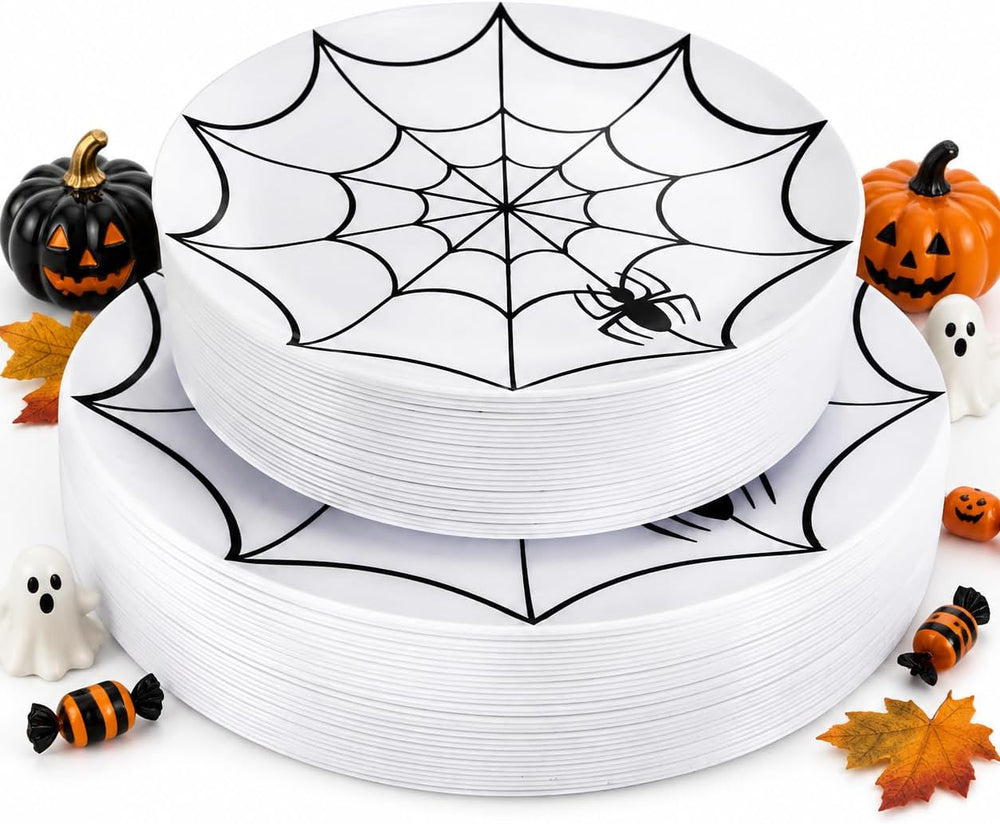 WDF 60Pieces Halloween Plates Disposable Plastic - White and Black with Cobwe...