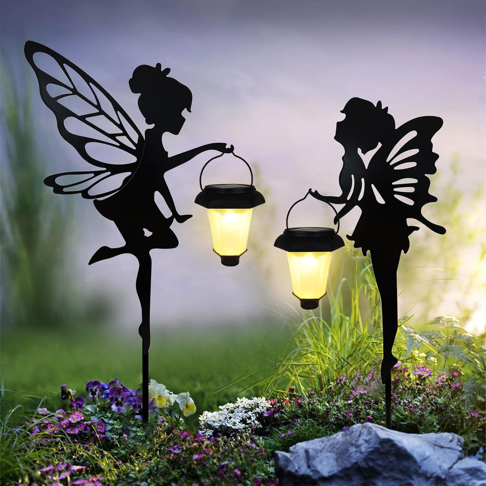 SUNNYPARK 2 Pack Solar Fairy Garden Metal Stake Decorative Lantern