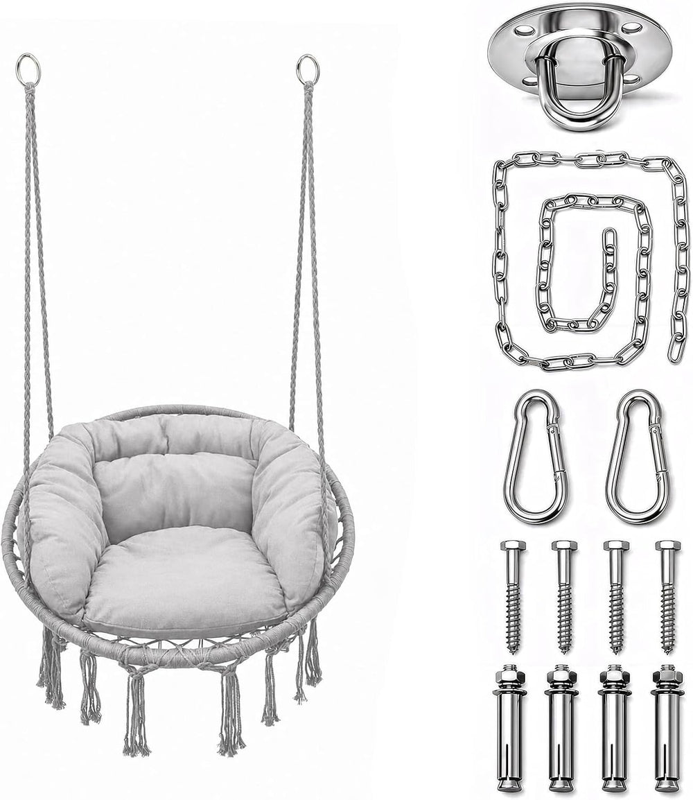 Athena Collection Hammock Chair with Hardware Kit & & Cozy Cushion, Gray