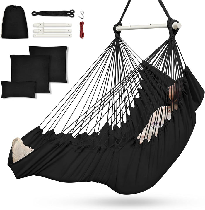Outerman Hammock Chair, Hanging Chair with 3 Cushions and Foot Rest Support, Durable Metal Spreader Bar Max 500Lbs, Swing Chair for Bedroom, Indoor & Outdoor, Patio, Porch or Tree(Black)…